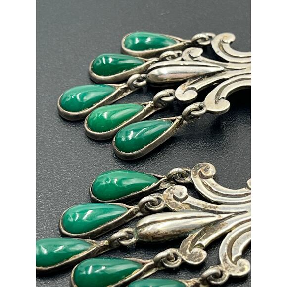 John H. Peckham, Sterling Mexico Green Stone Cabochon Chandelier Earrings Navajo - Picture 7 of 11